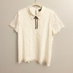 KARL LAGERFELD Paris White Lace Top Collar Tie Shirt Blouse Women's Size L